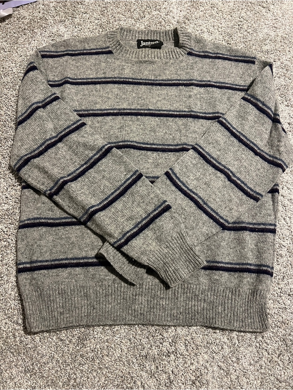 Jantzen Gray Crewneck Sweater with Navy Stripes